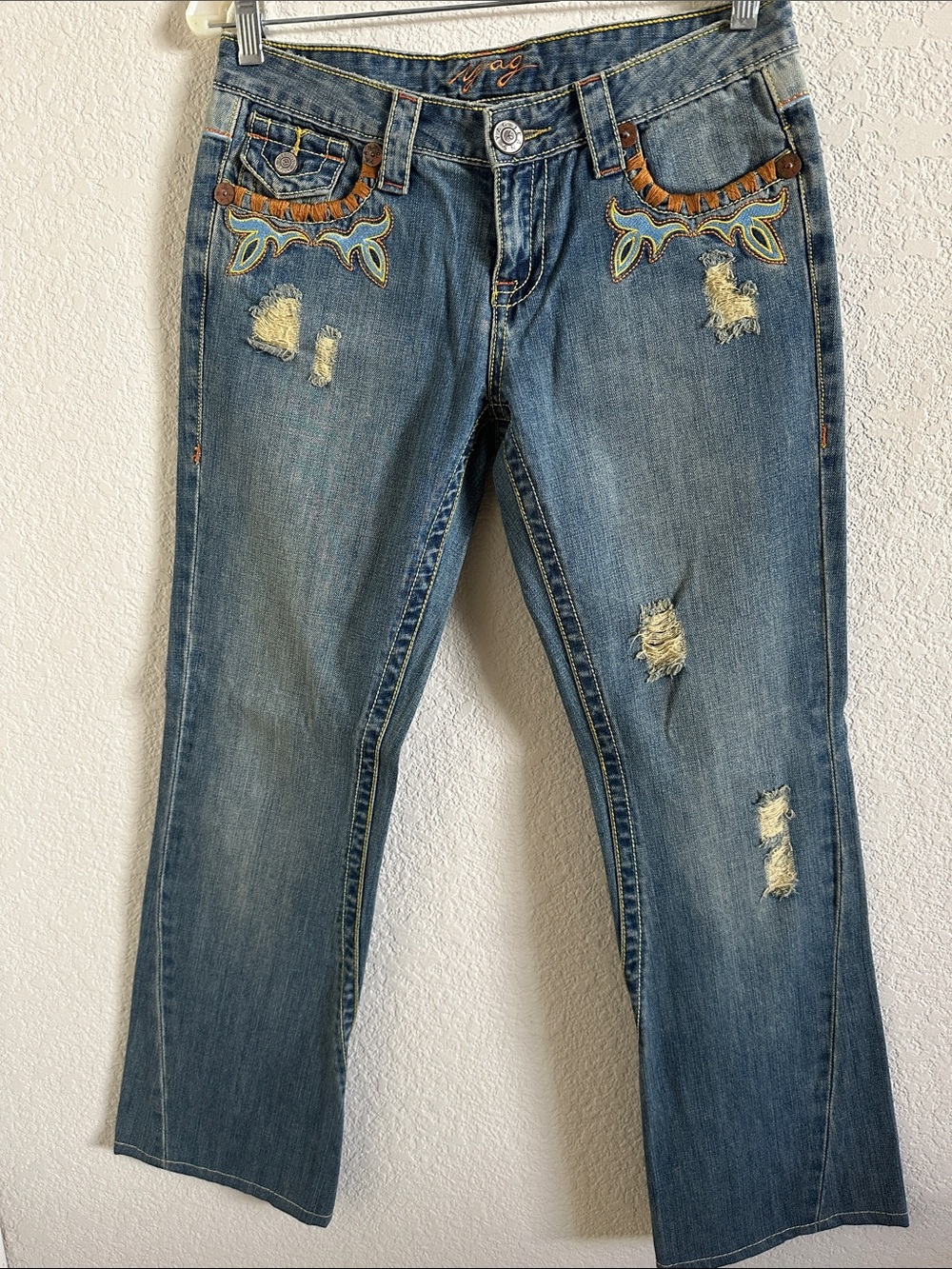 Vintage Y2K YAG Couture Distressed Embroidered Flare Jeans-Size 7 (32x30)